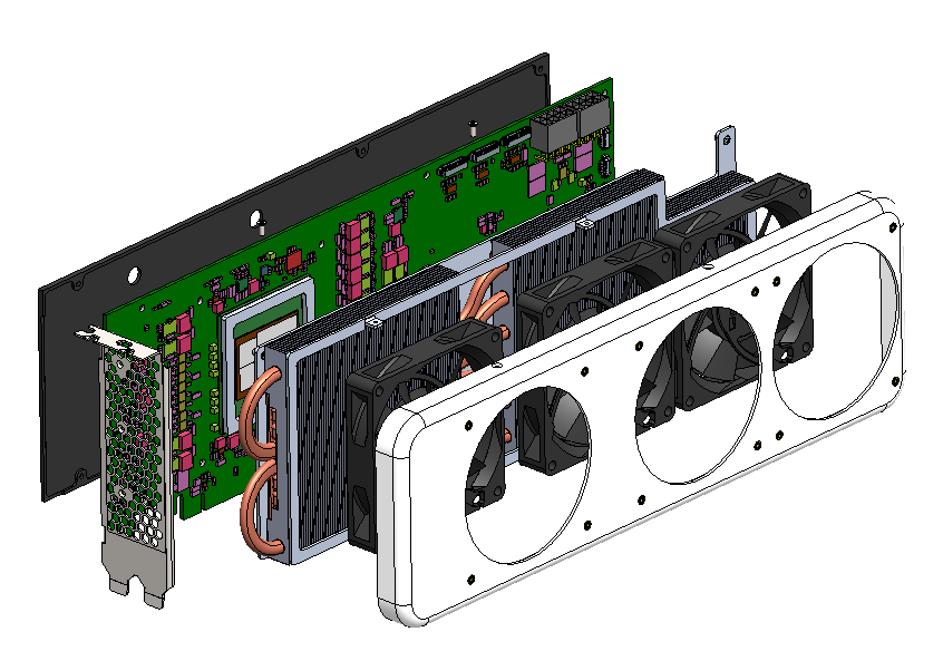 Heat pipe heatsink and fan cooling a PCIe electronics card